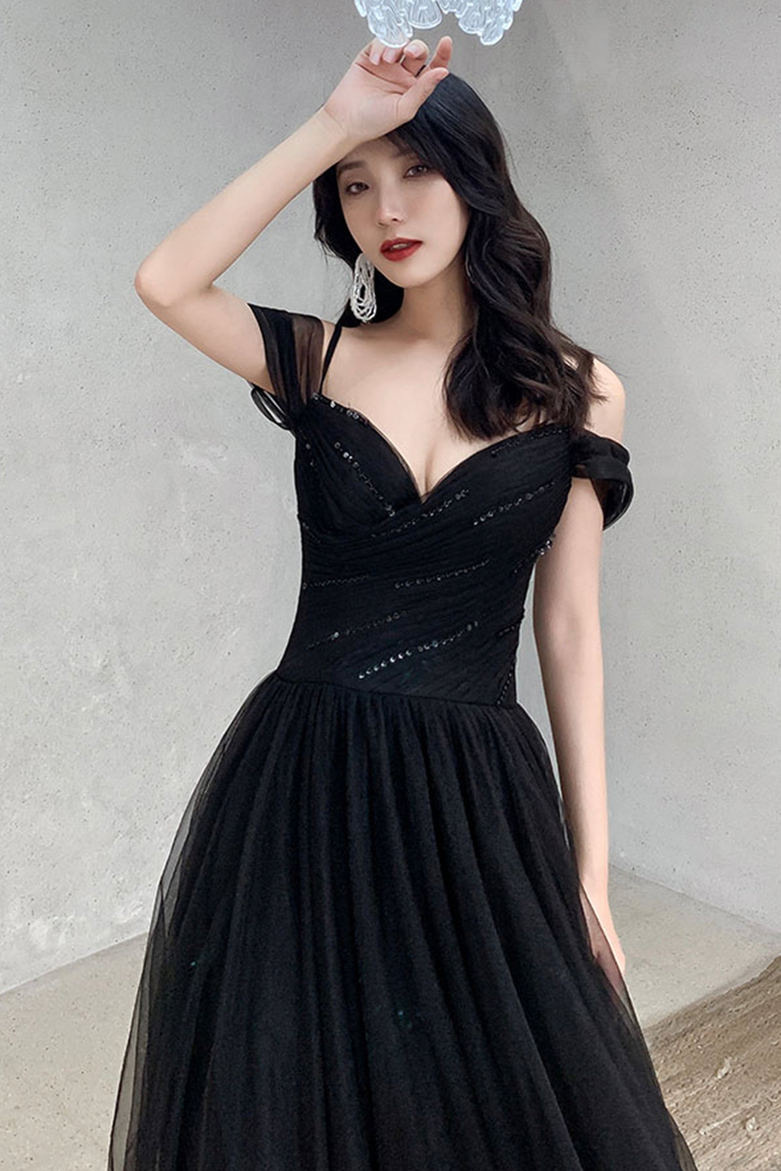 Black Tulle Long A-Line Prom Dresses, Off the Shoulder Evening Dresses