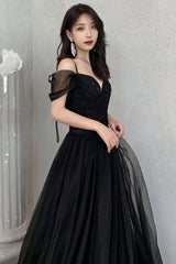 Black Tulle Long A-Line Prom Dresses, Off the Shoulder Evening Dresses