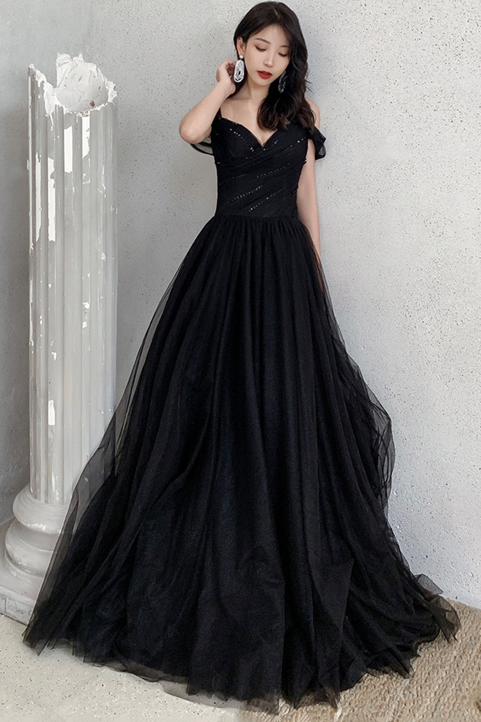 Black Tulle Long A-Line Prom Dresses, Off the Shoulder Evening Dresses