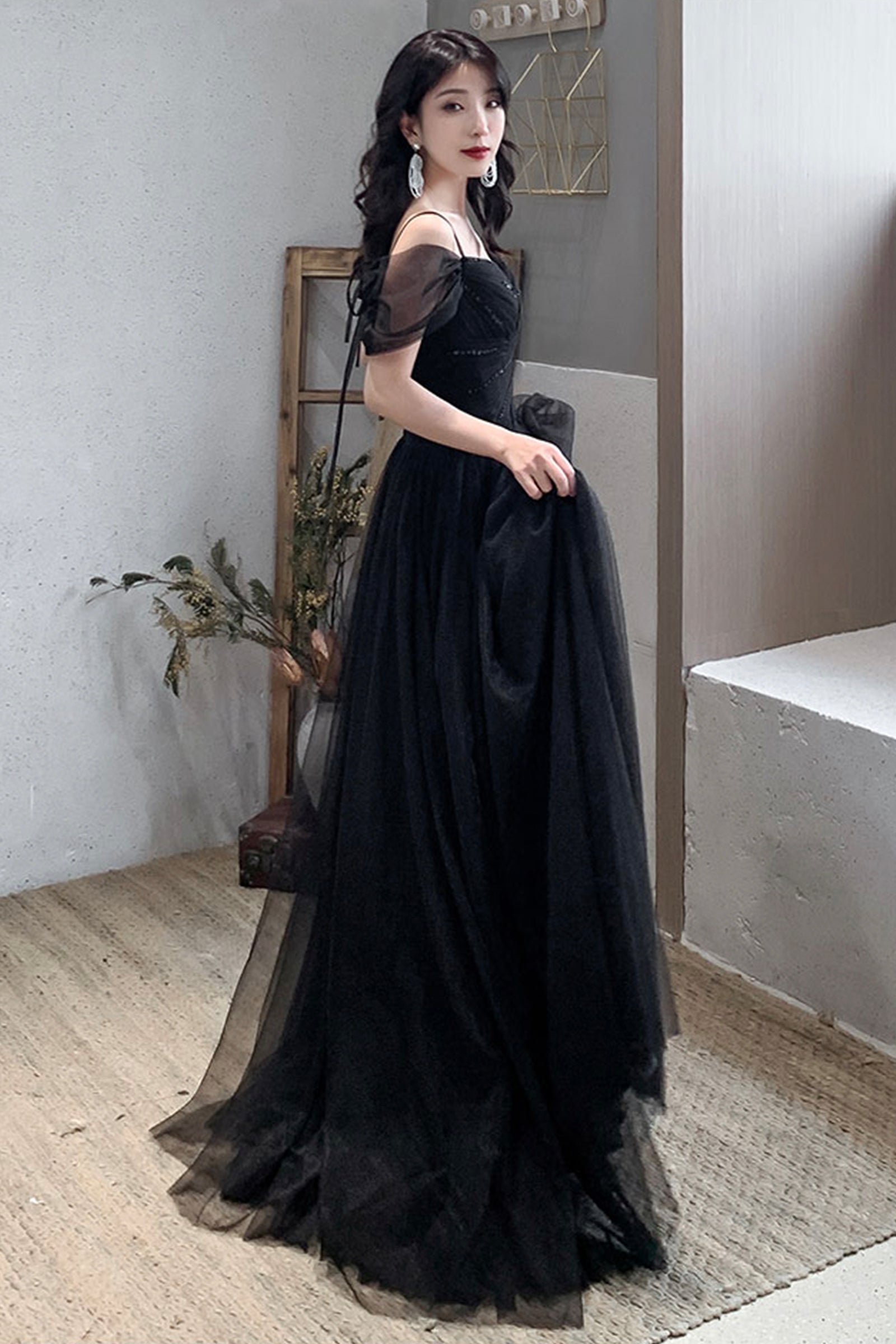 Black Tulle Long A-Line Prom Dresses, Off the Shoulder Evening Dresses