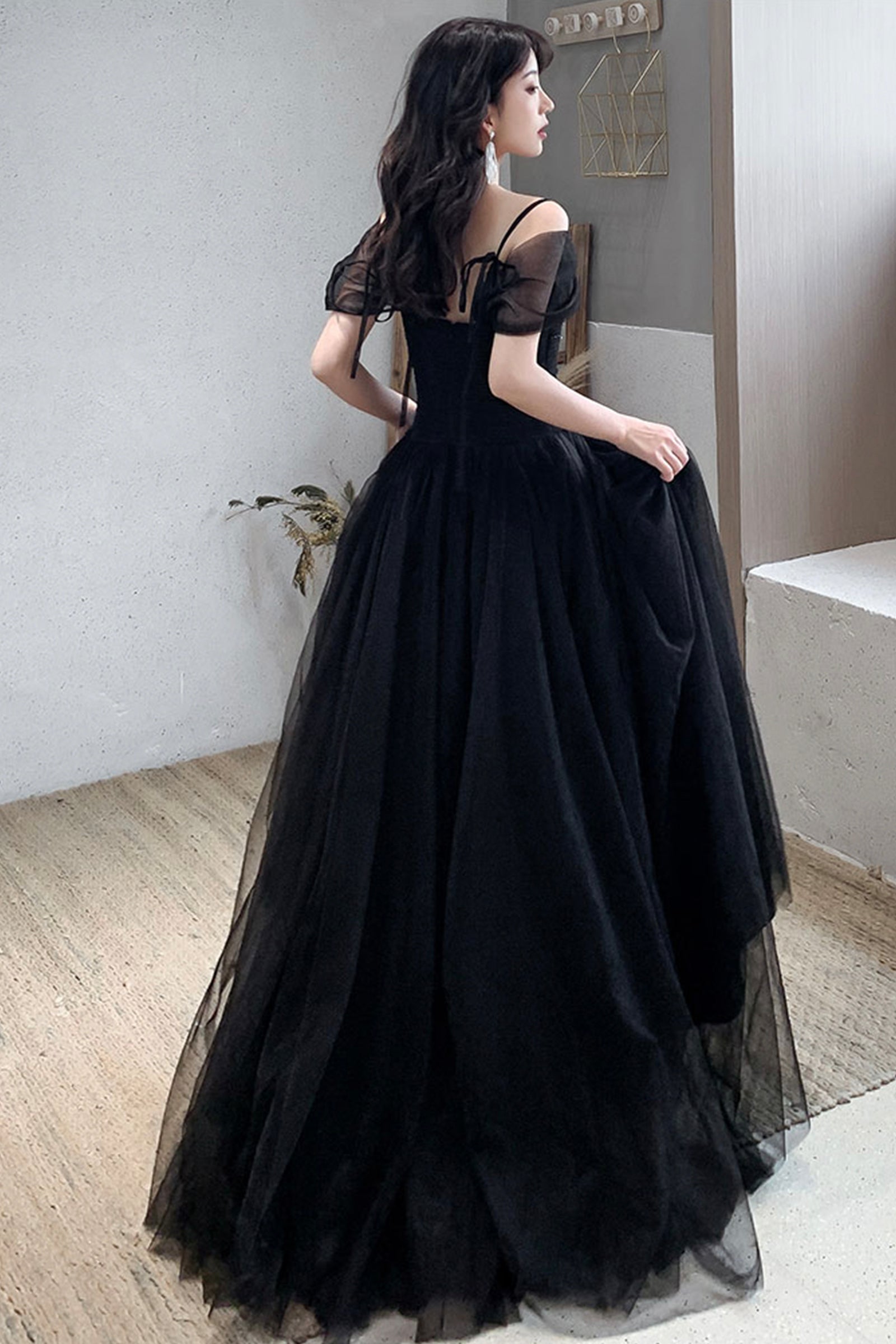 Black Tulle Long A-Line Prom Dresses, Off the Shoulder Evening Dresses