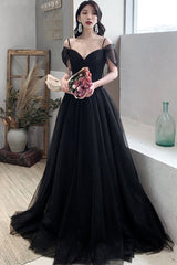 Black Tulle Long A-Line Prom Dresses, Off the Shoulder Evening Dresses