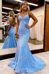 Blue Iridescent V-Neck Cross-Back Mermaid Long Prom Dress