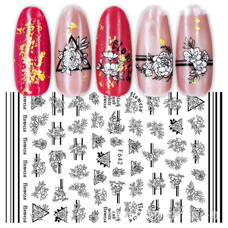 Cross-Border Nail Stickers New Japanese European And American 3D Hot Stamping Full Stickers Black And White Rose Heart-Shaped Ink Nail Decals