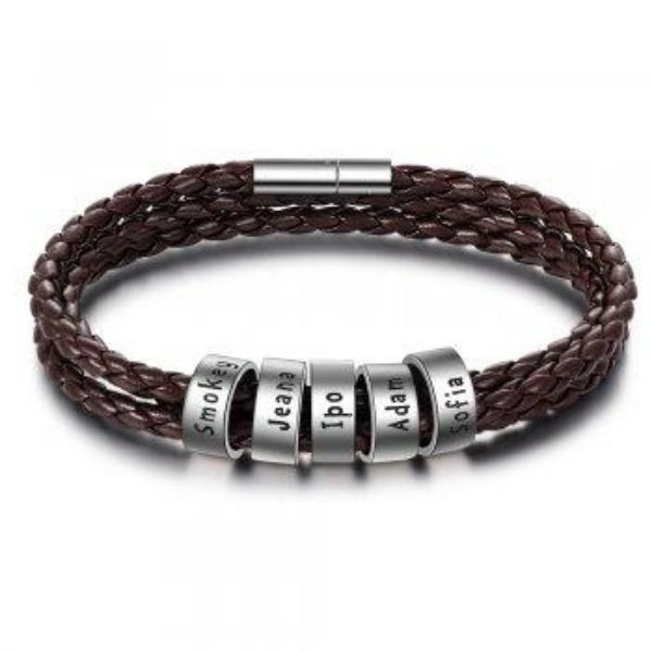 Personalized Mens Braided Genuine Leather Bracelet Stainless Steel Custom Beads Name Charm Bracelet For Men With Family Names