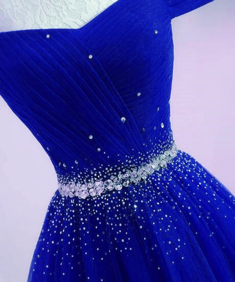 Beautiful Royal Blue Off Shoulder New Prom Dress , Beaded Party Dress