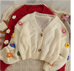 Kurzer Cardigan-Pullover mit 3D-Blumenmuster 