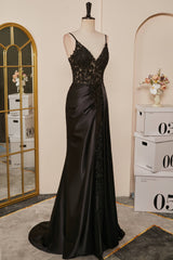 Black Mermaid Pluning V Appliques Long Prom Dress with Slit