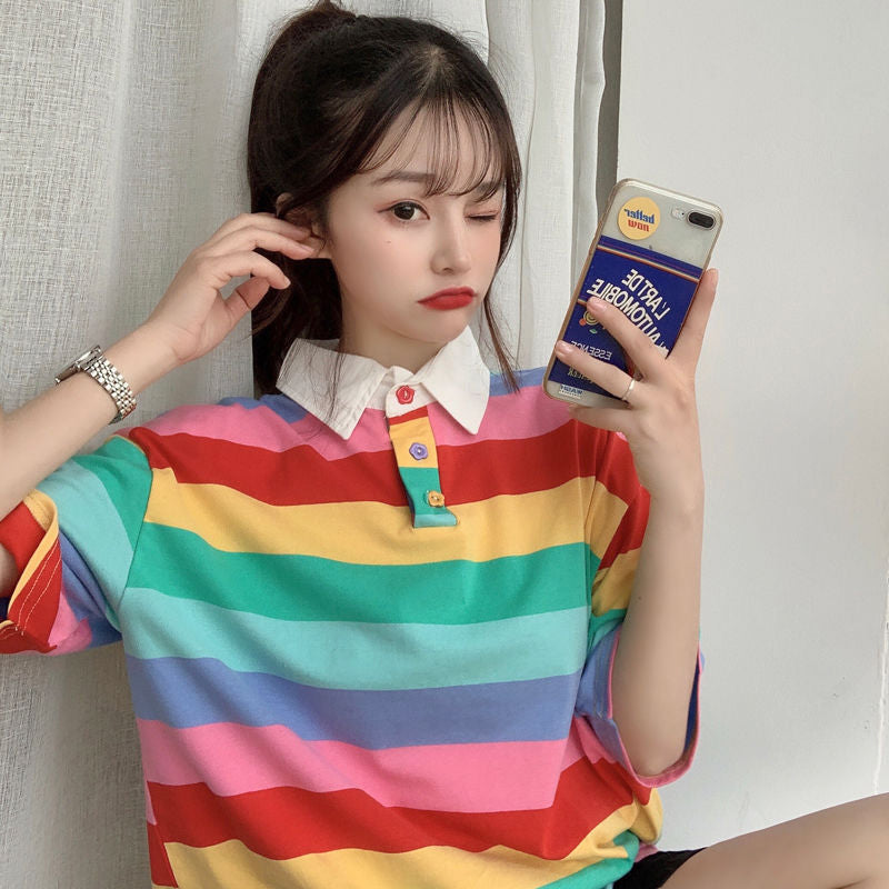 Colorful Rainbow Striped Collar Shirt