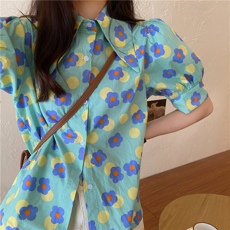 Cartoon Flower Pattern Puff Sleeve Blouse Shirt