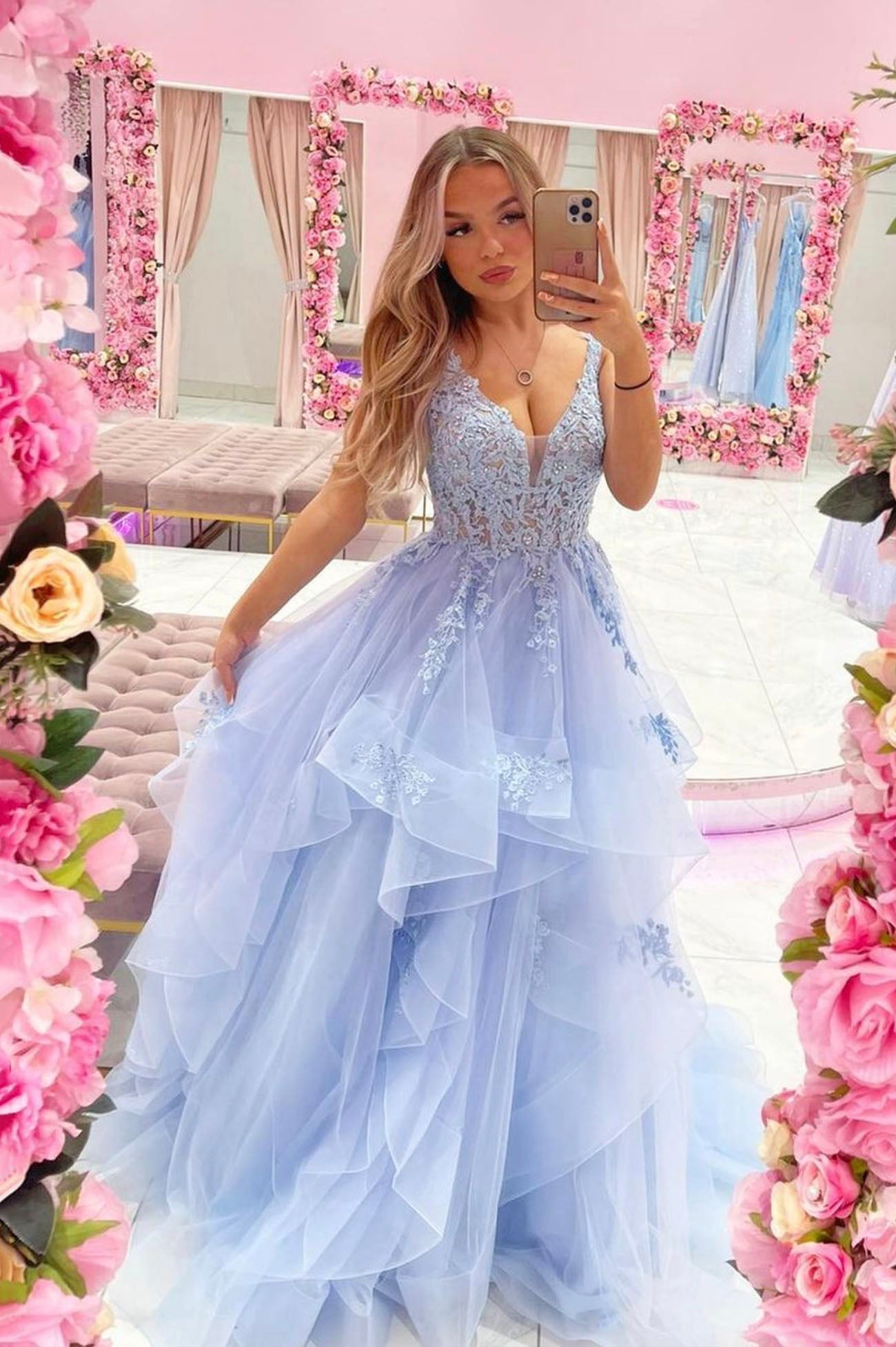 Blue V-Neck Tulle Lace Long Prom Dresses, A-Line Evening Dresses