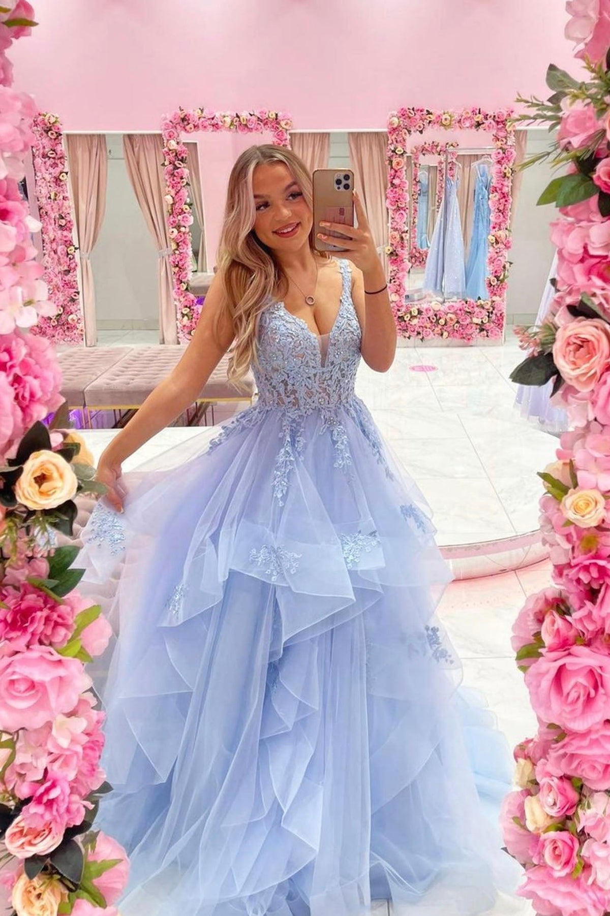 Blue V-Neck Tulle Lace Long Prom Dresses, A-Line Evening Dresses