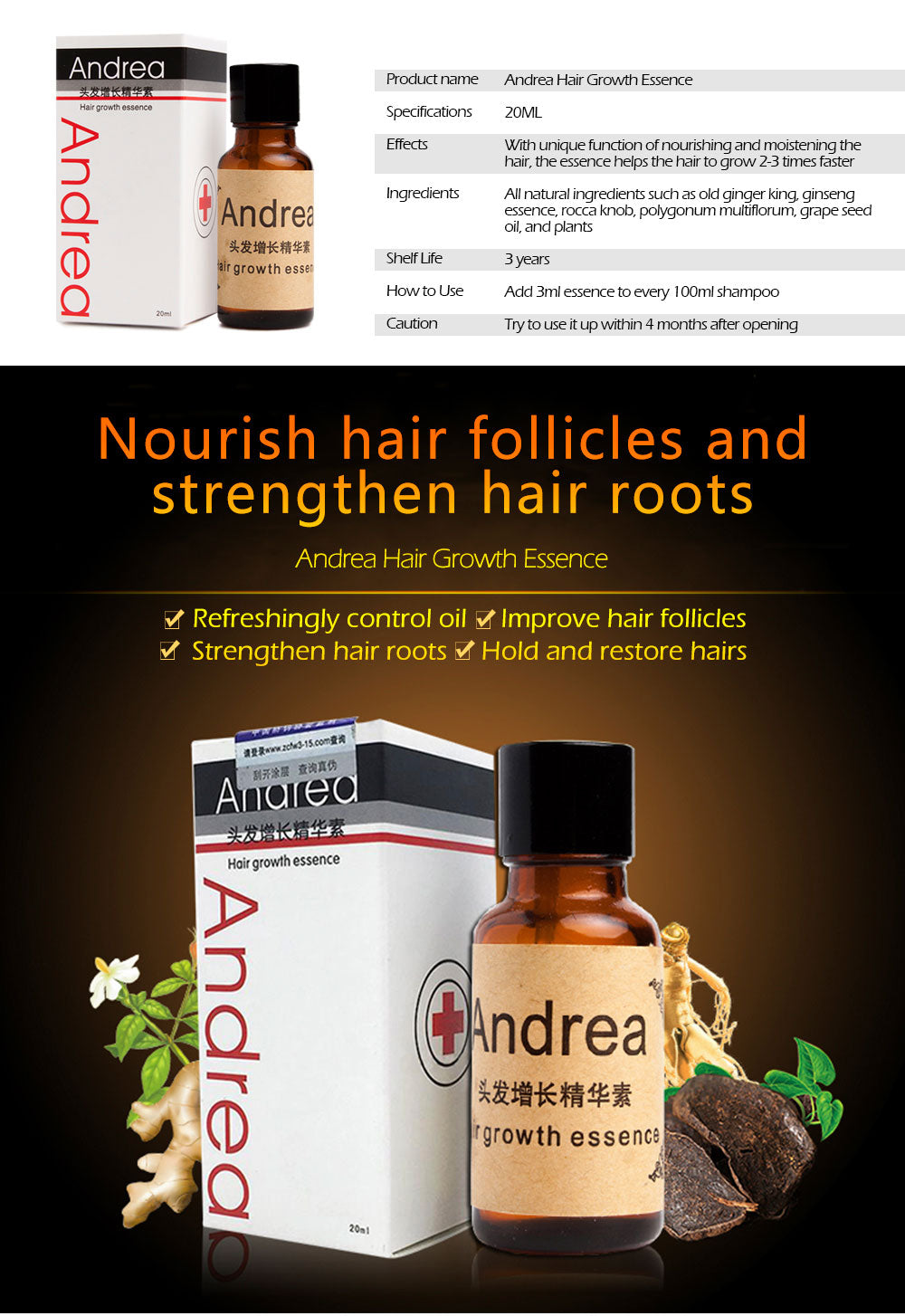 Haarwachstum Anti-Haarausfall-Flüssigkeit 20 ml Dichtes Haar Andrea Frisur Keratin Haarpflege Stylingprodukte Sunburst