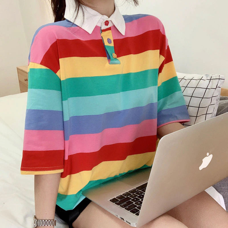 Colorful Rainbow Striped Collar Shirt