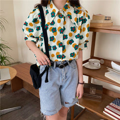 Cartoon Flower Pattern Puff Sleeve Blouse Shirt