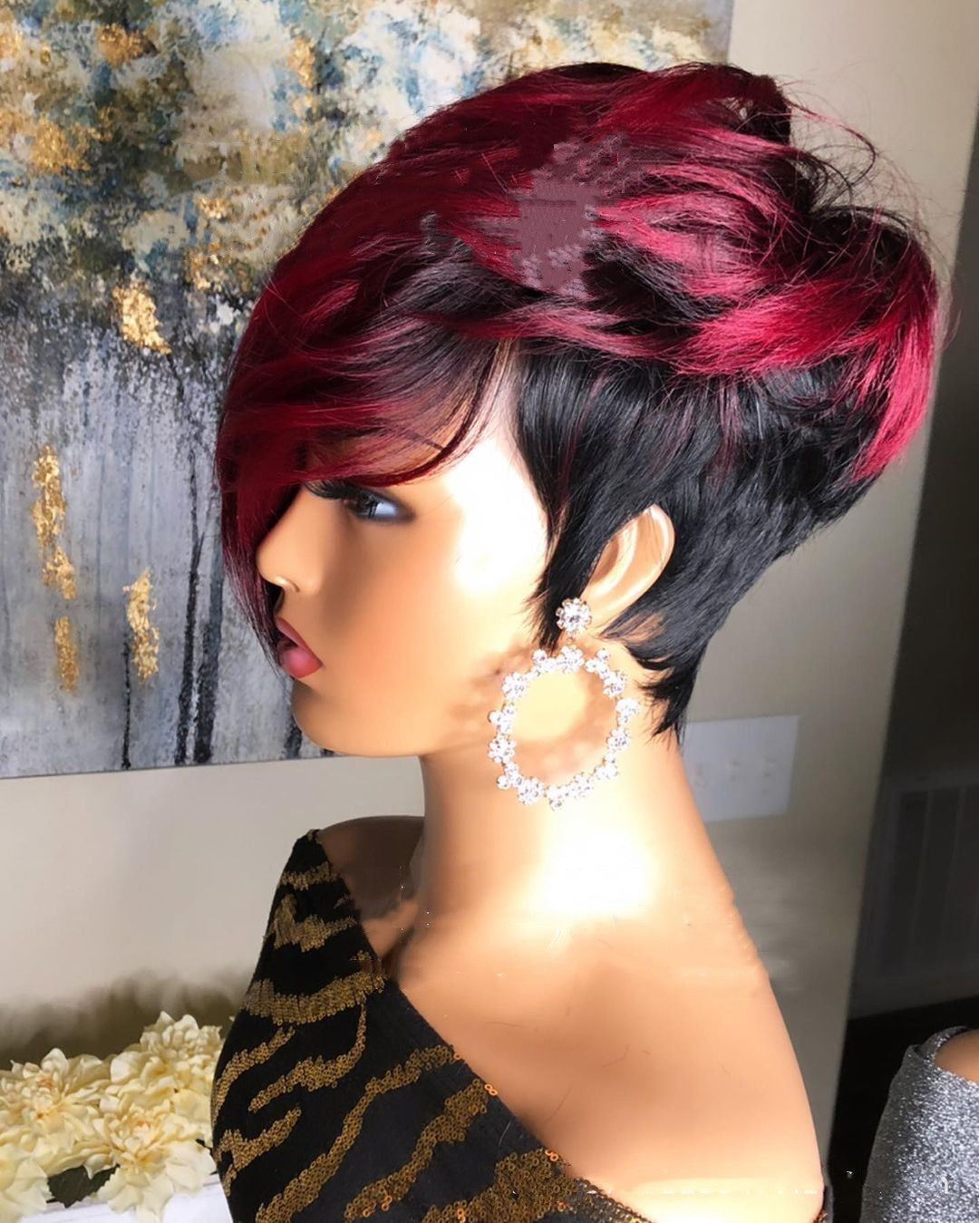 Dark Red Pixie Cut Wig Human Hair Short Bob Wig With Natural