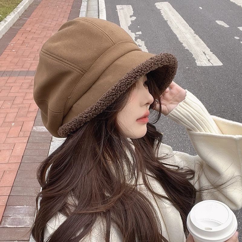 Beret Women's Autumn And Winter Big Head Circumference Fleece-lined Warm Pile Heap Cap Bucket Hat