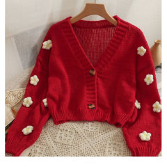 Kurzer Cardigan-Pullover mit 3D-Blumenmuster 