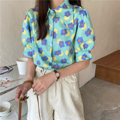 Cartoon Flower Pattern Puff Sleeve Blouse Shirt