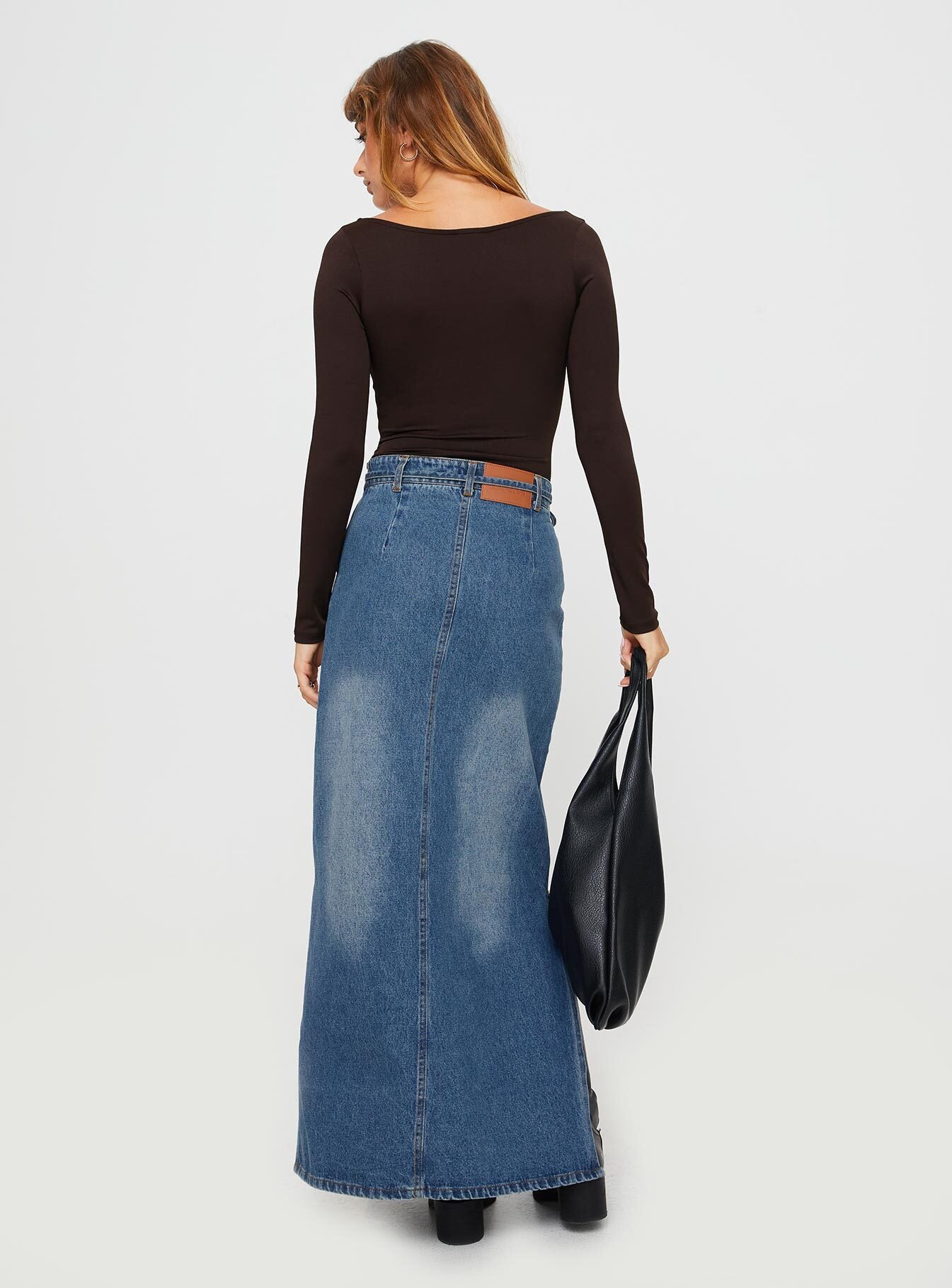 Brandee Tie Front Denim Maxi Skirt Mid Blue