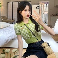 Cute Plaid Lapel Collar Cropped Slim Shirt