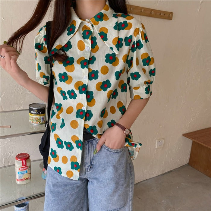 Cartoon Flower Pattern Puff Sleeve Blouse Shirt