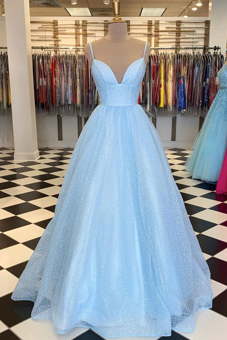 Blue v neck tulle long prom dress blue tulle formal dress