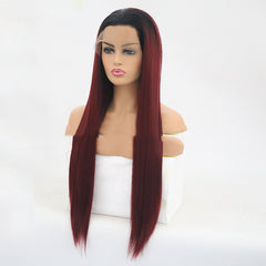 Burgundy Trellis With Long Straight Hair Chemical Fiber Headgear