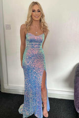 Blue Iridescent Sequin Lace-Up Mermaid Long Prom Dress with Slit