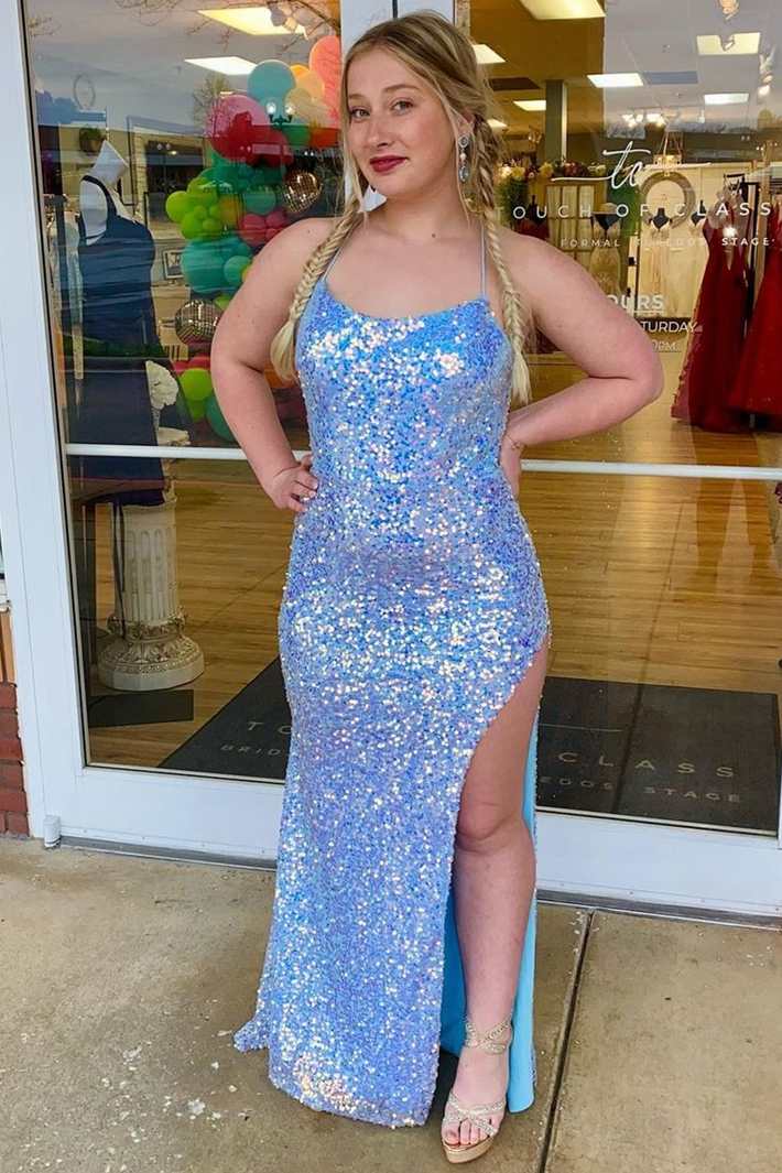 Blue Iridescent Sequin Lace-Up Mermaid Long Prom Dress with Slit