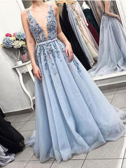 A-line V Neck Plunging Neck Powder Blue Sweep Prom Dress with Beading PM239