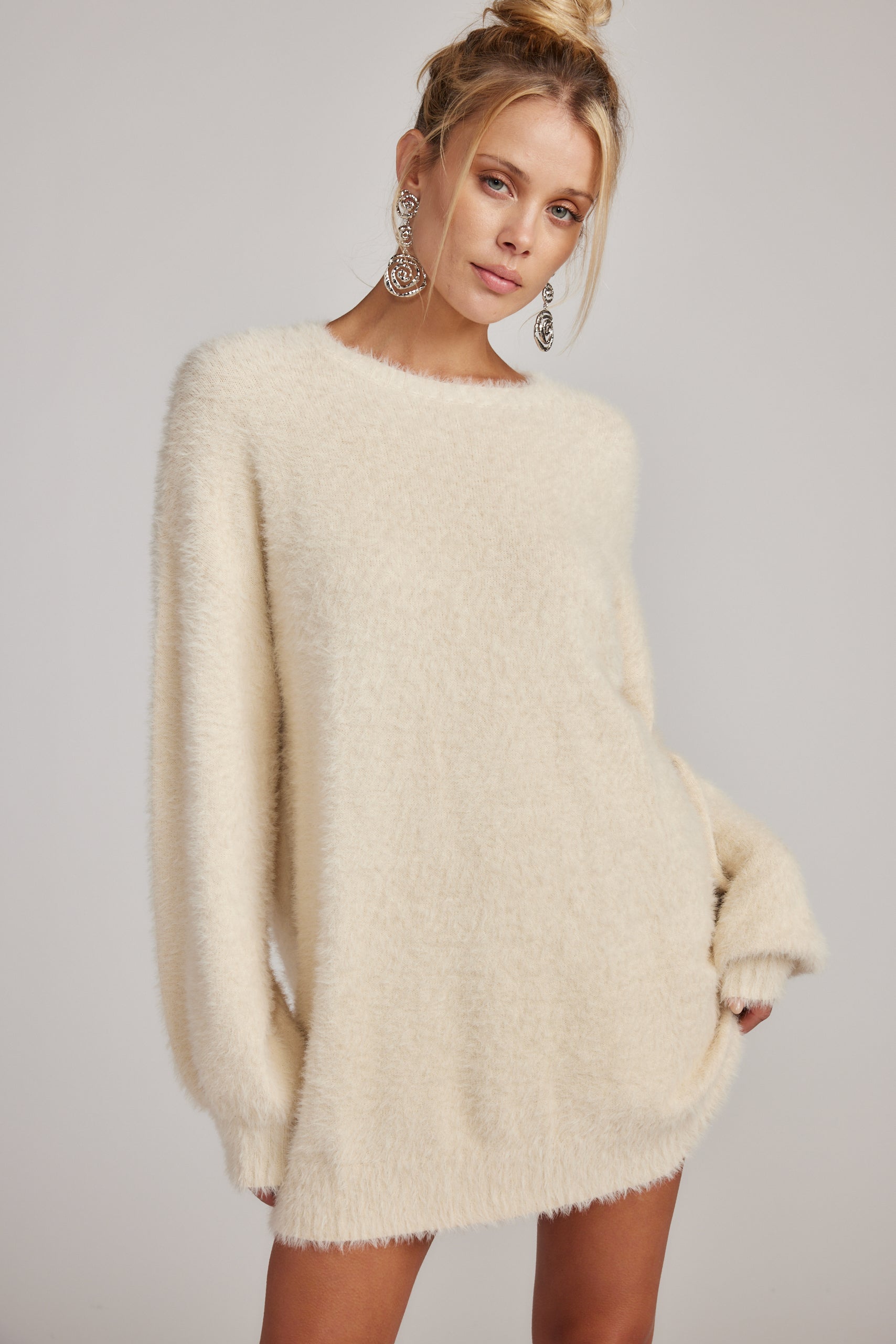 Adela Cream Long Sleeve Knit Sweater Dress