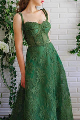 A Line Dark Green Lace Prom Dresses Spaghetti Straps Neck Formal Dress PSK252