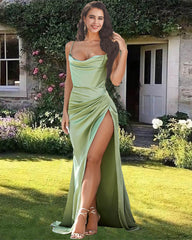 Cowl Neck Bridesmaid Dresses Mermaid Satin Split