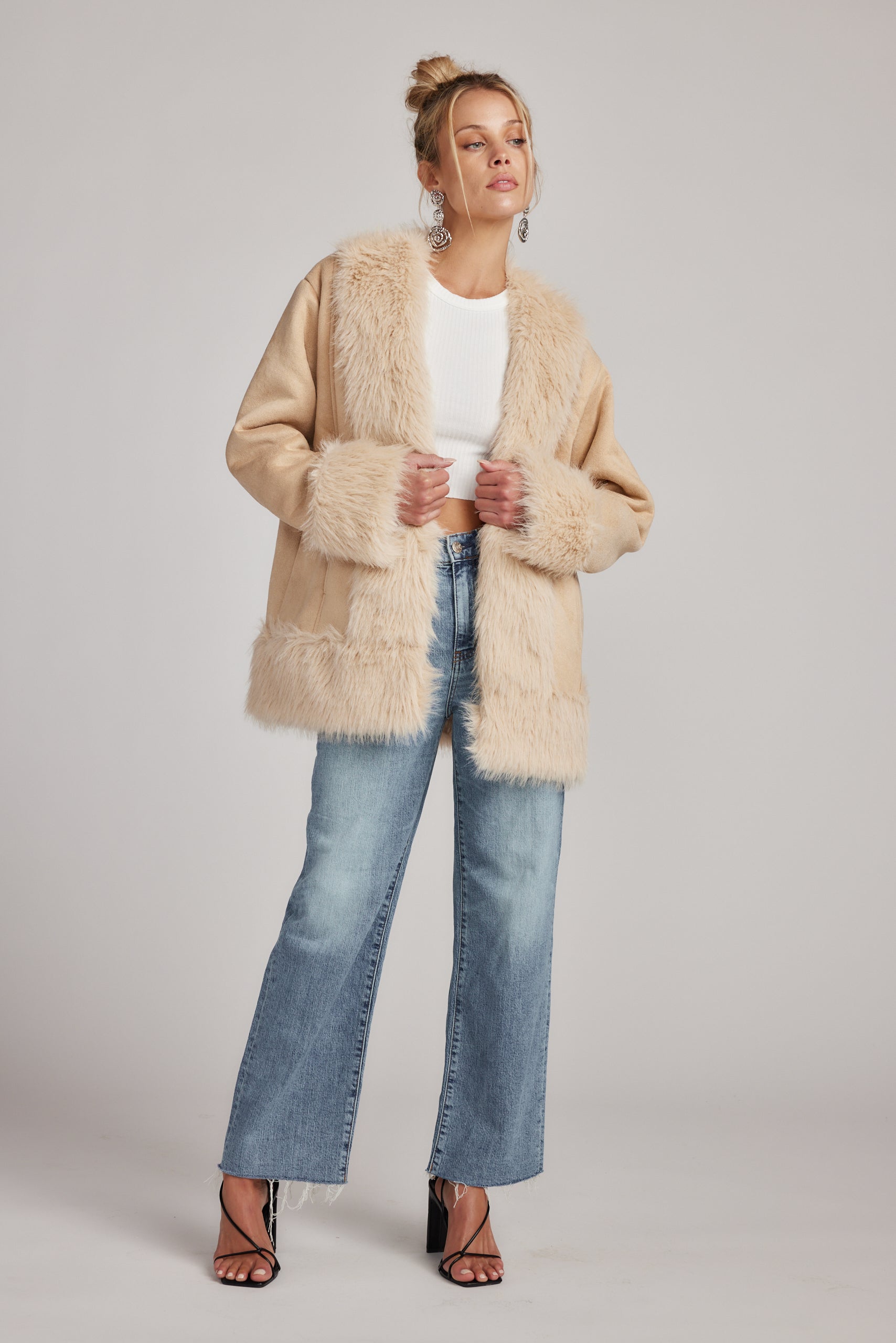 Catherine Beige Faux Fur Trim Coat