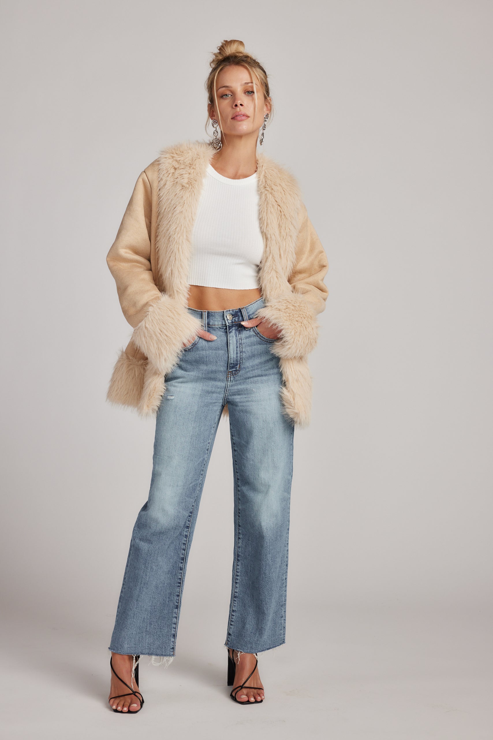 Catherine Beige Faux Fur Trim Coat