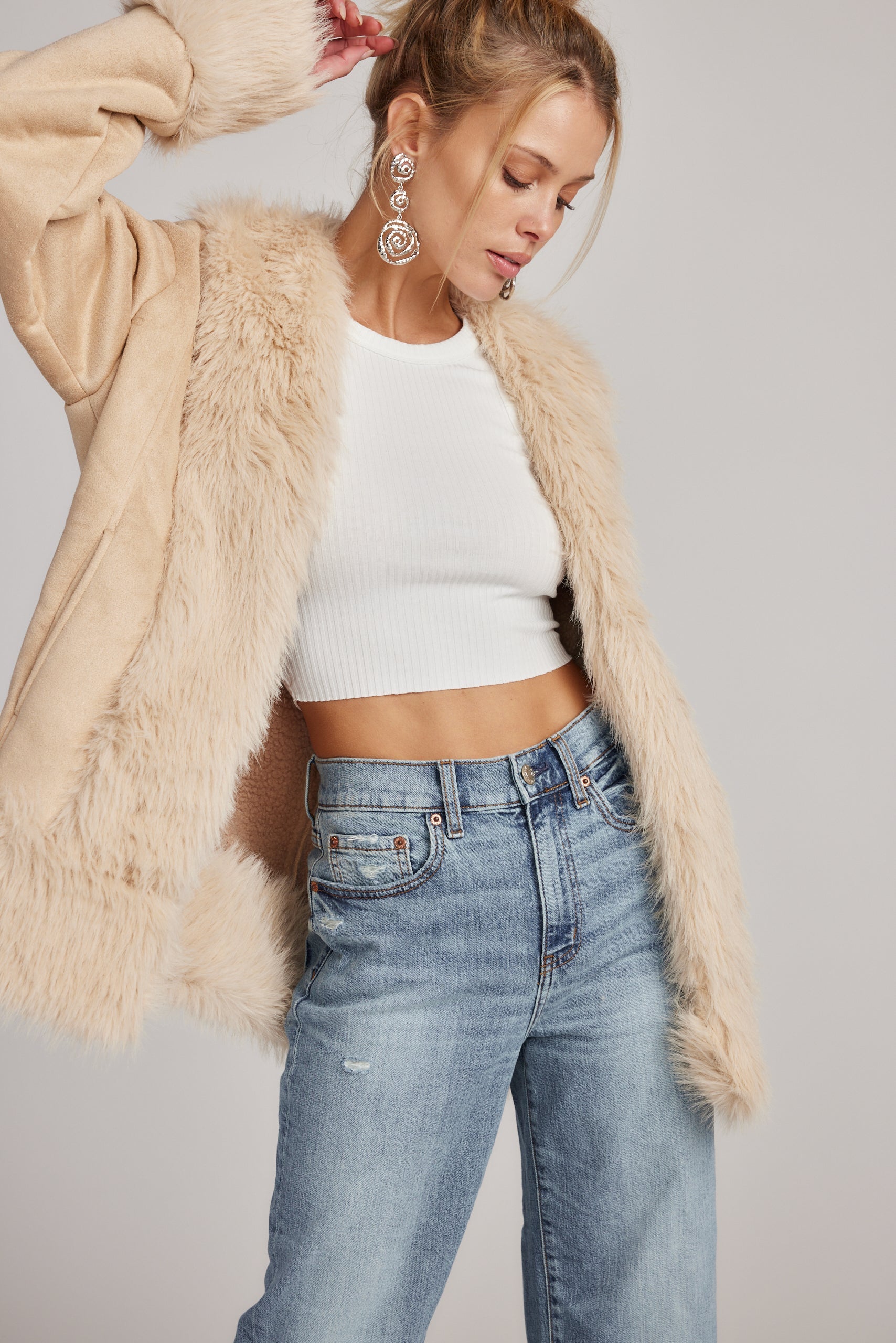 Catherine Beige Faux Fur Trim Coat