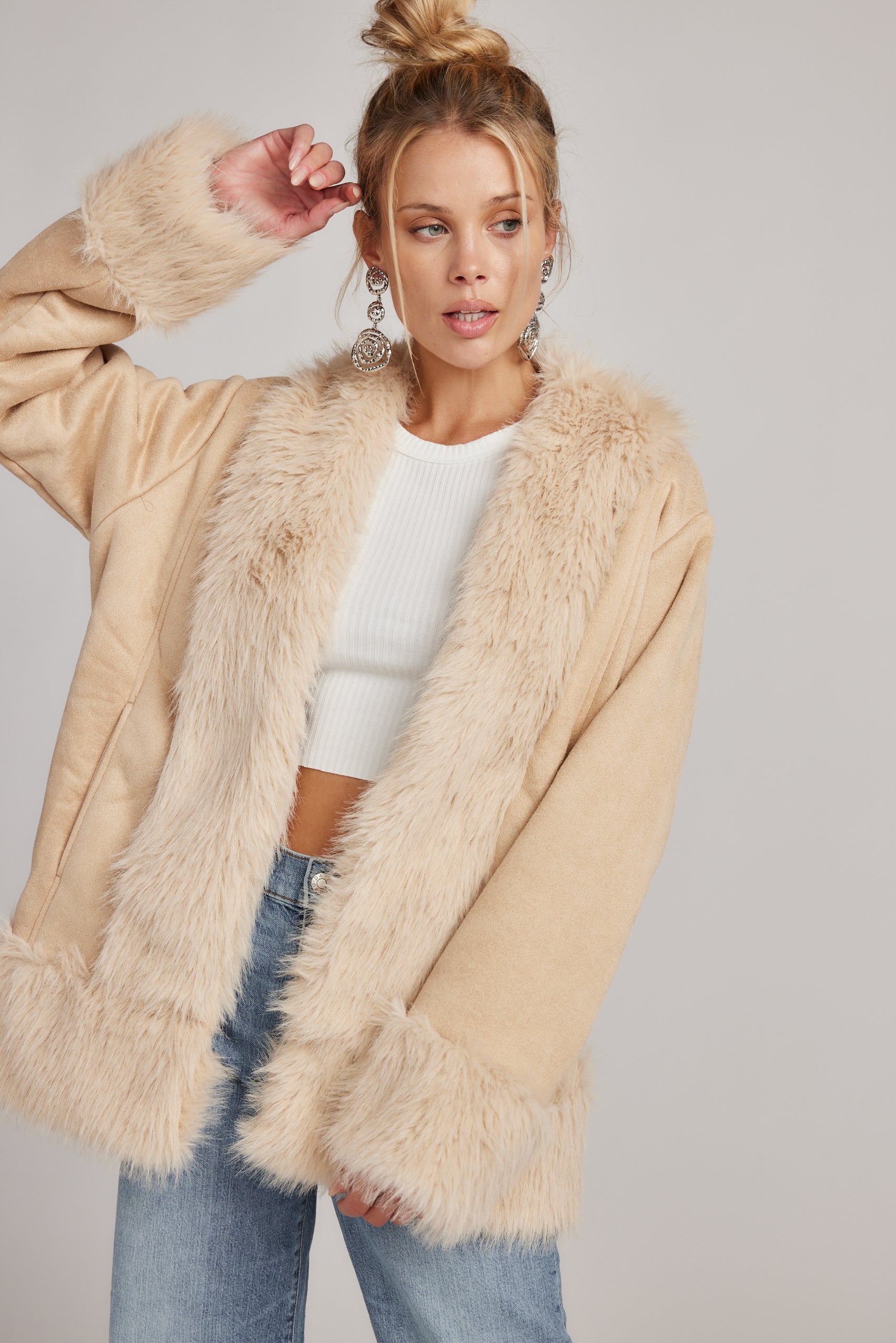 Catherine Beige Faux Fur Trim Coat