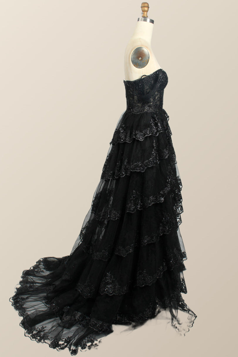 Black Lace Off the Shoulder Tiered Layers Long Formal Gown