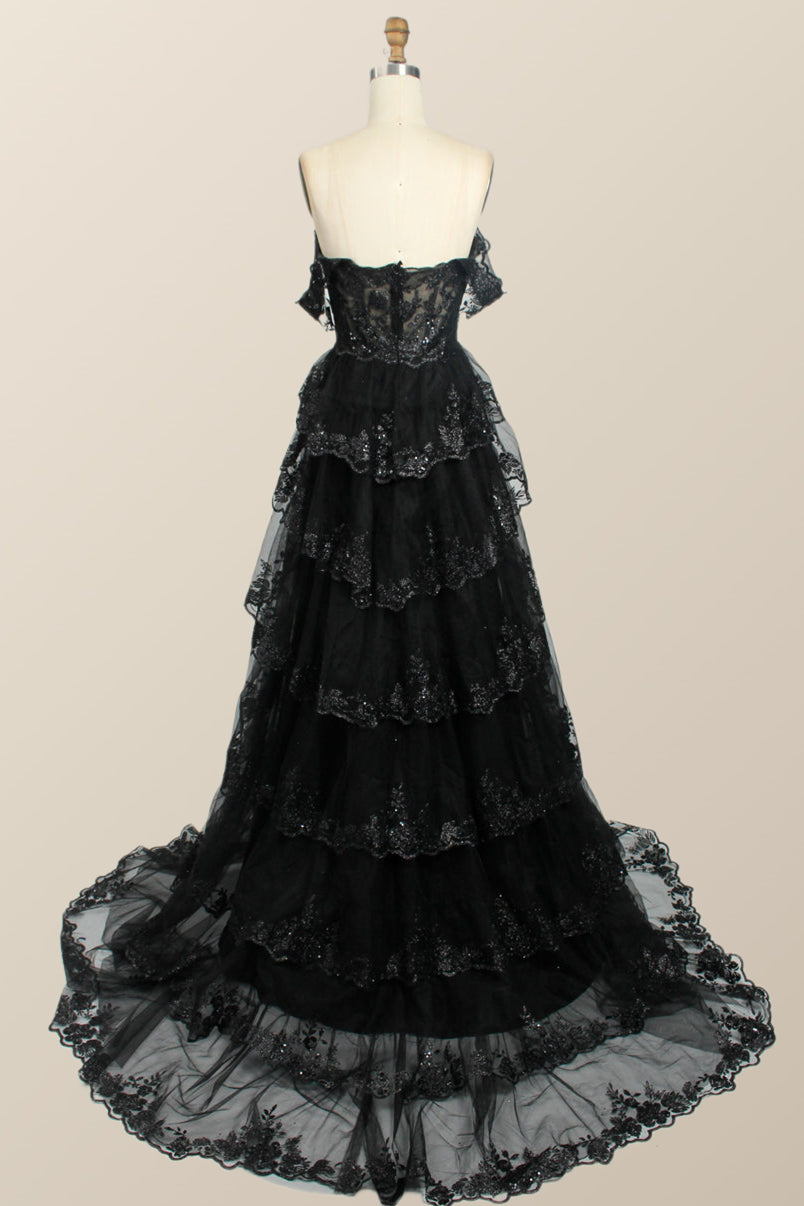 Black Lace Off the Shoulder Tiered Layers Long Formal Gown