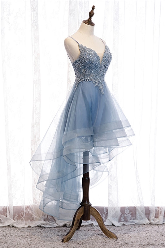 High Low Blue Lace Appliques Party Dress