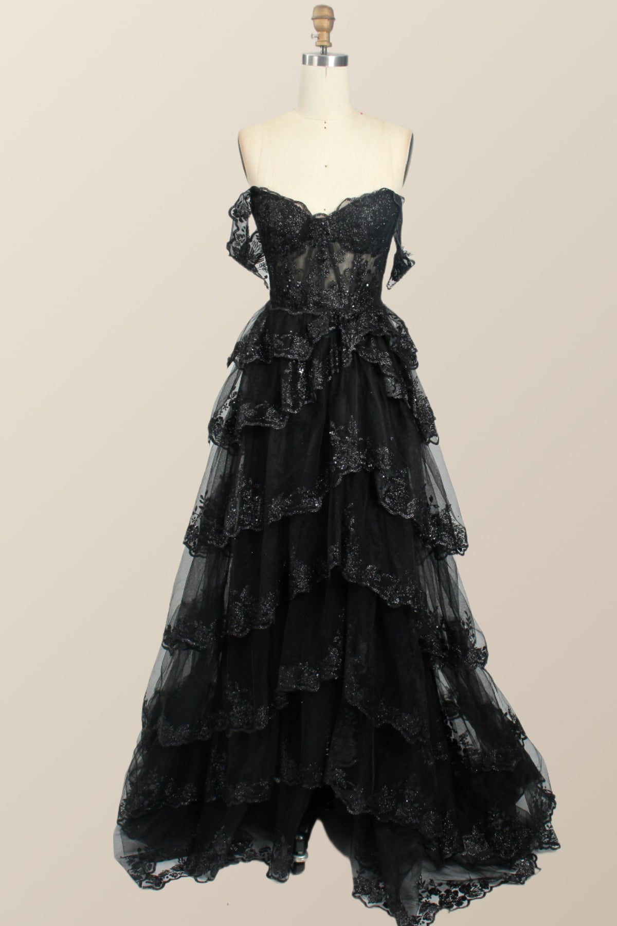 Black Lace Off the Shoulder Tiered Layers Long Formal Gown