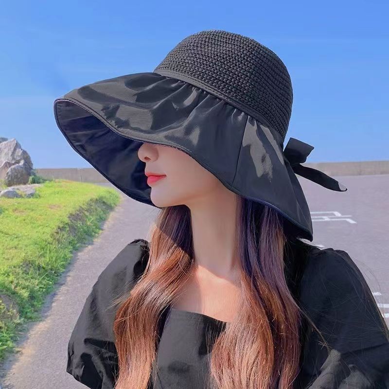 Black Rubber Female UV Protection Face Cover Folding Sun Hat