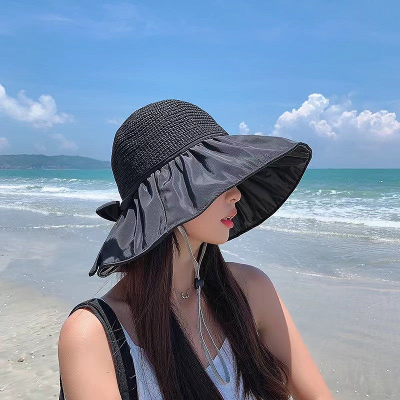 Black Rubber Female UV Protection Face Cover Folding Sun Hat