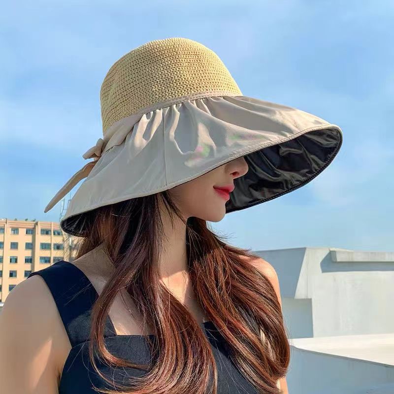 Black Rubber Female UV Protection Face Cover Folding Sun Hat