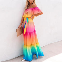 Rainbow Wavy Off-Shoulder Dress