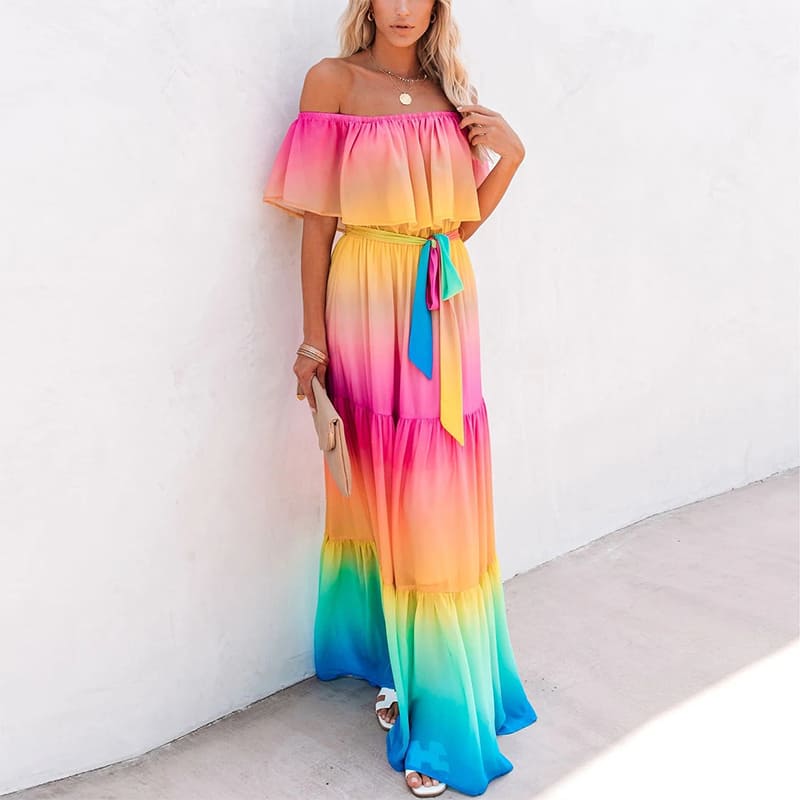 Rainbow Wavy Off-Shoulder Dress