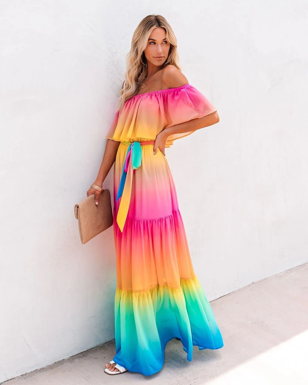 Rainbow Wavy Off-Shoulder Dress