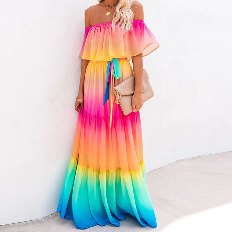 Rainbow Wavy Off-Shoulder Dress