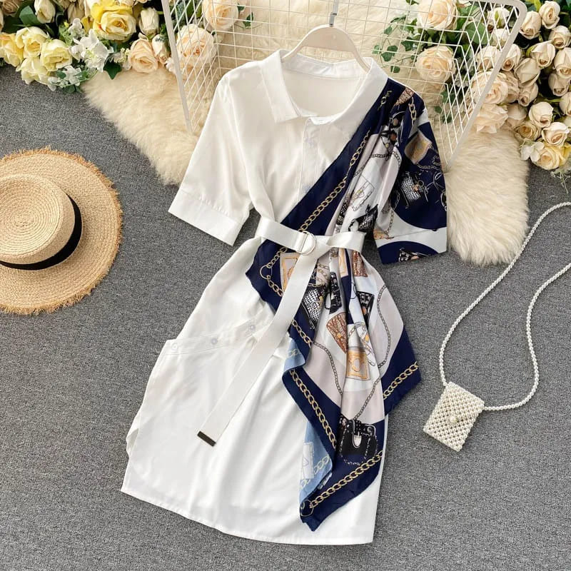 Slavia Scarf Print White Shirt Dress